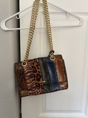 Aldo Patchwork Animal-Print Shoulder Bag in Brown and Navy